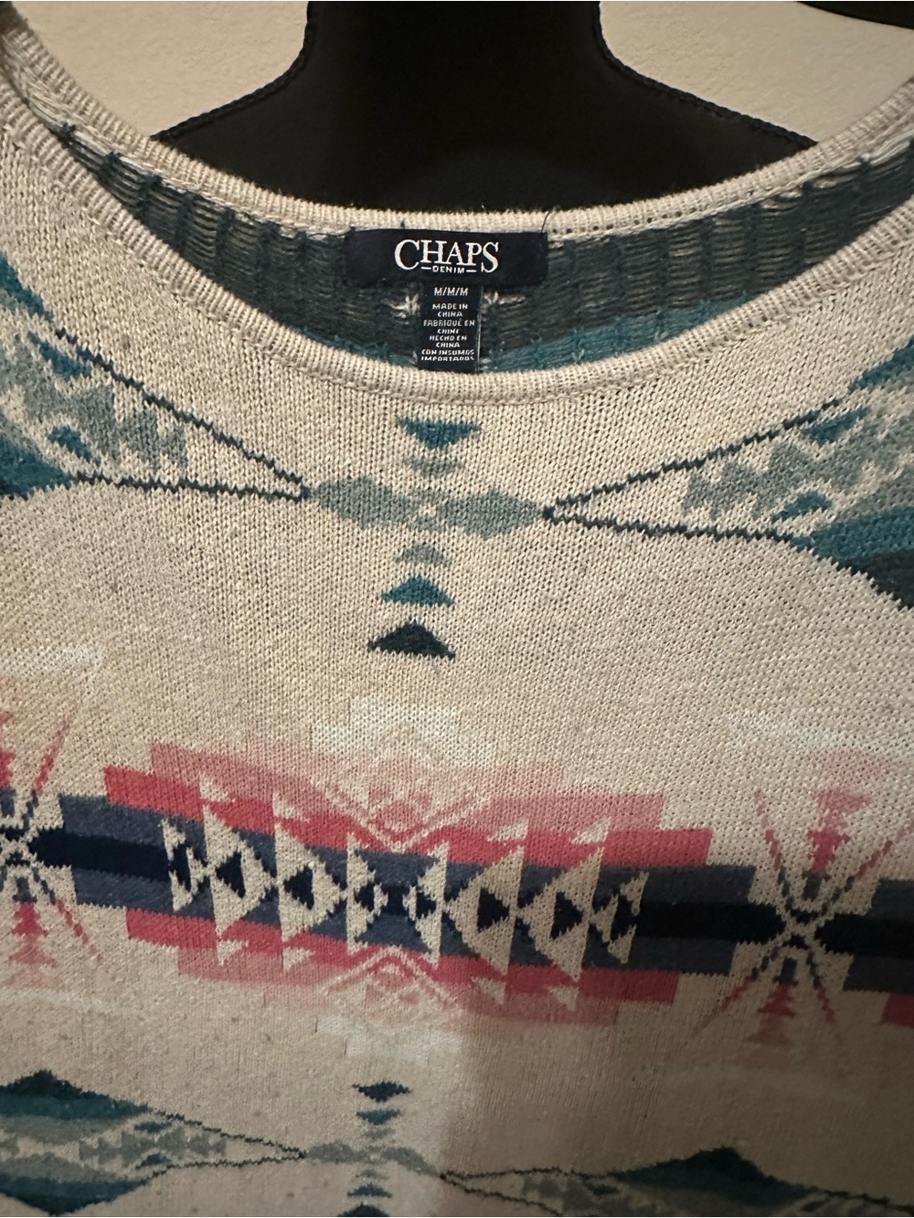 Chaps Cream Short Sleeve Knit Top with Blue and Pink Aztec Print. Size Medium - Picture 4 of 9